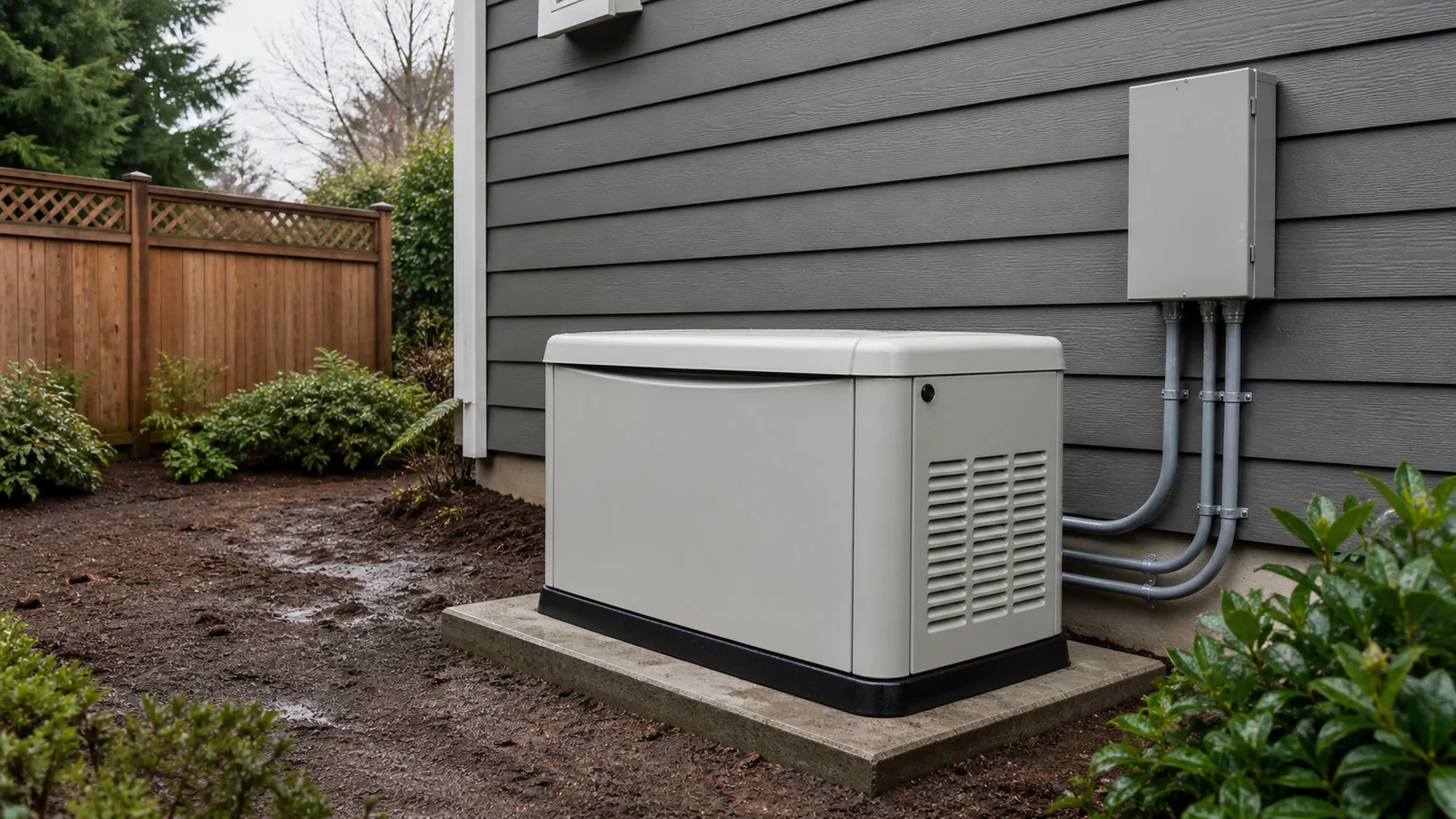 Standby generator on its pad beside a house, transfer switch open on the wall behind it.