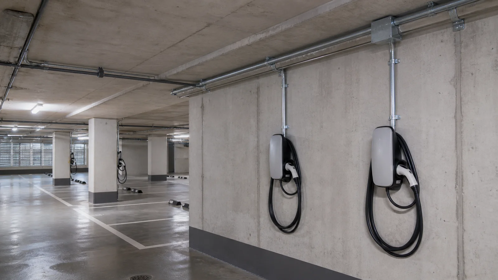 A strata parkade with EV charging stalls, conduit runs visible along the ceiling.