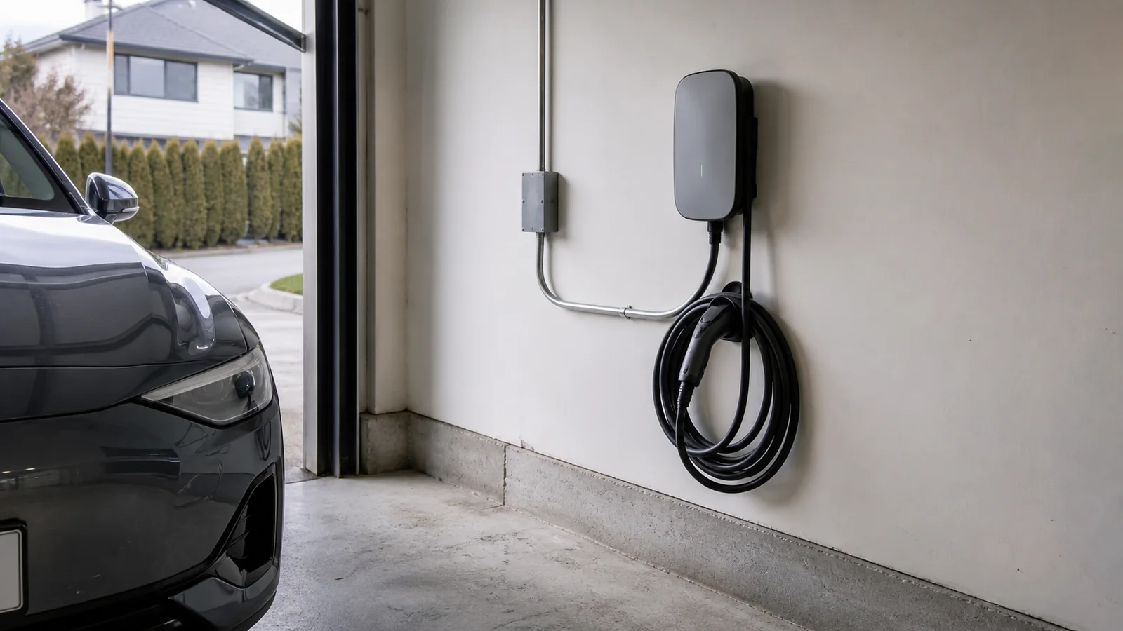 Level 2 charger mounted on a garage wall, cable coiled, the car nose in frame.