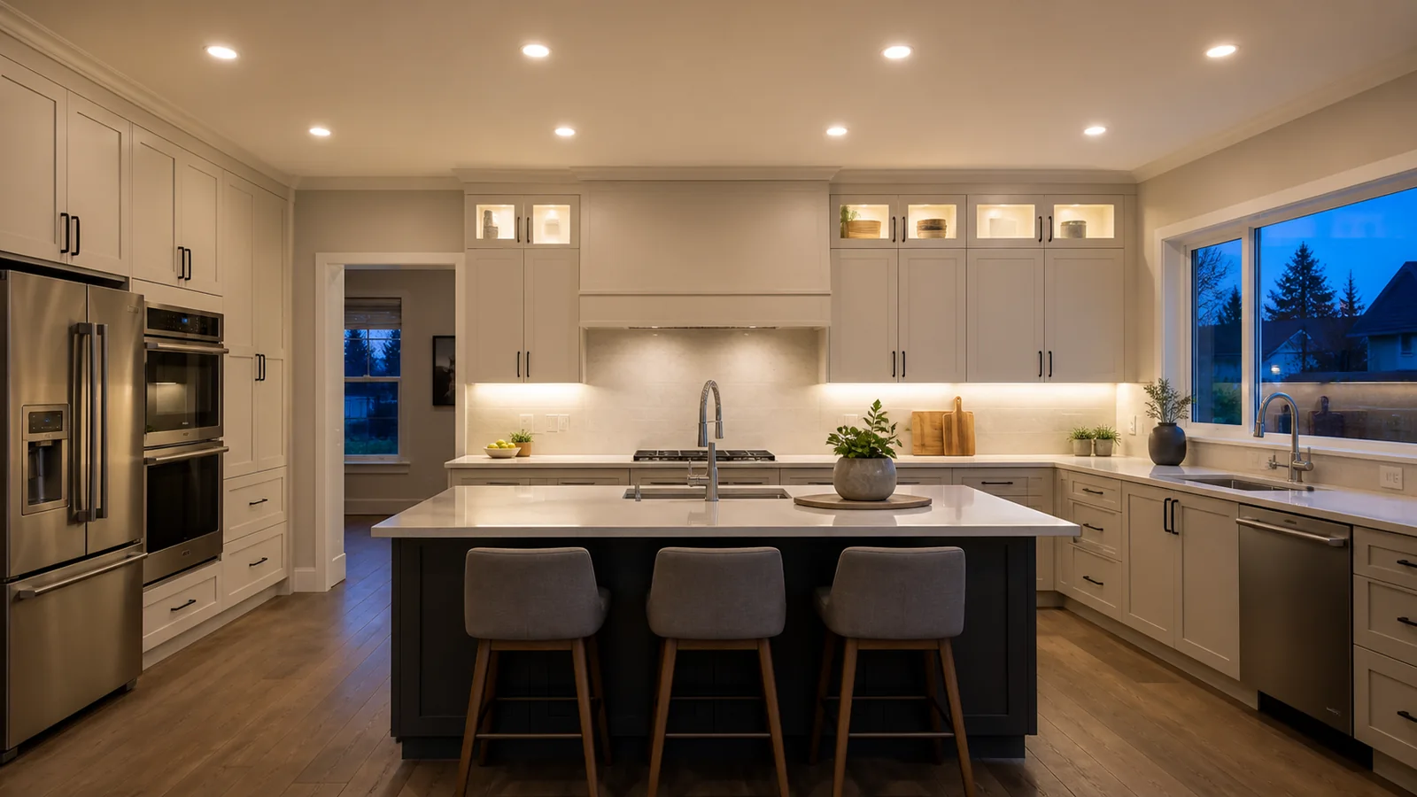 Kitchen at dusk lit only by new pot lights and under-cabinet strips, no other light source.