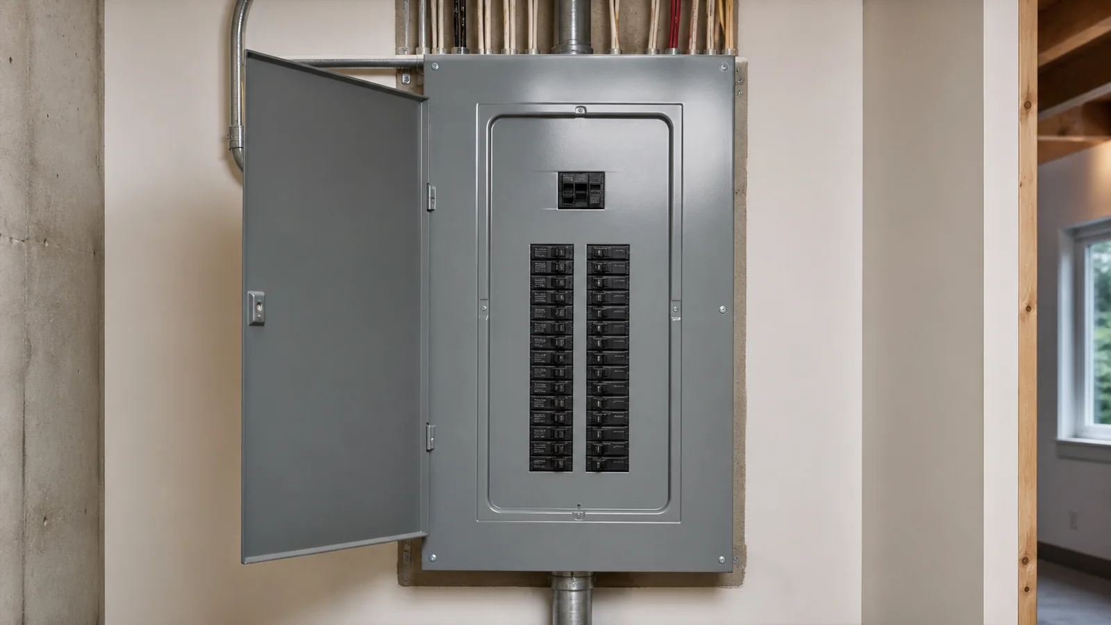 A finished 200A panel, door open, breakers labelled cleanly. Shot straight on, warm light.