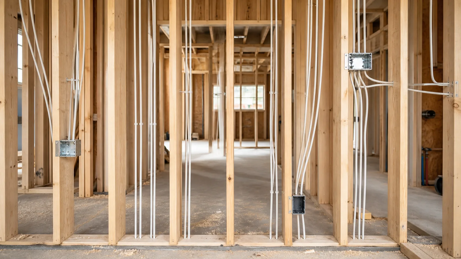 Rough-in wiring in an open stud wall, home runs stapled straight and evenly spaced.