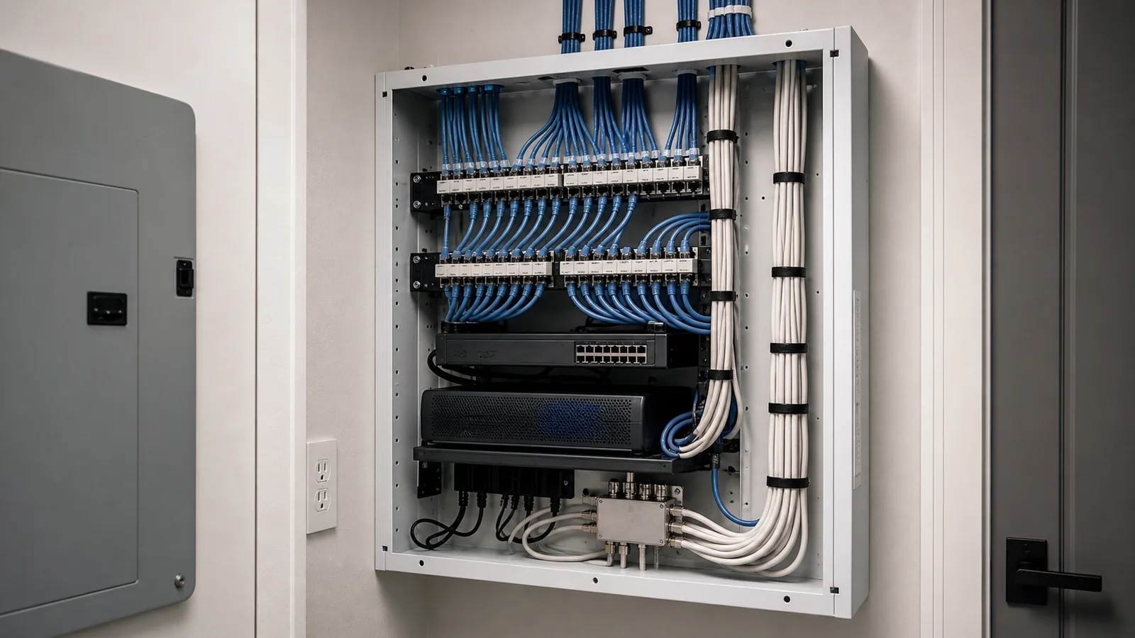 Structured wiring panel in a utility room, cables combed flat and every drop labelled.